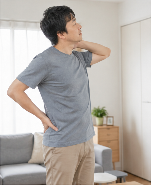首や腰の状態を確認する男性