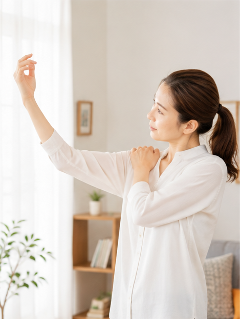 肩や腕の動きを確認する女性